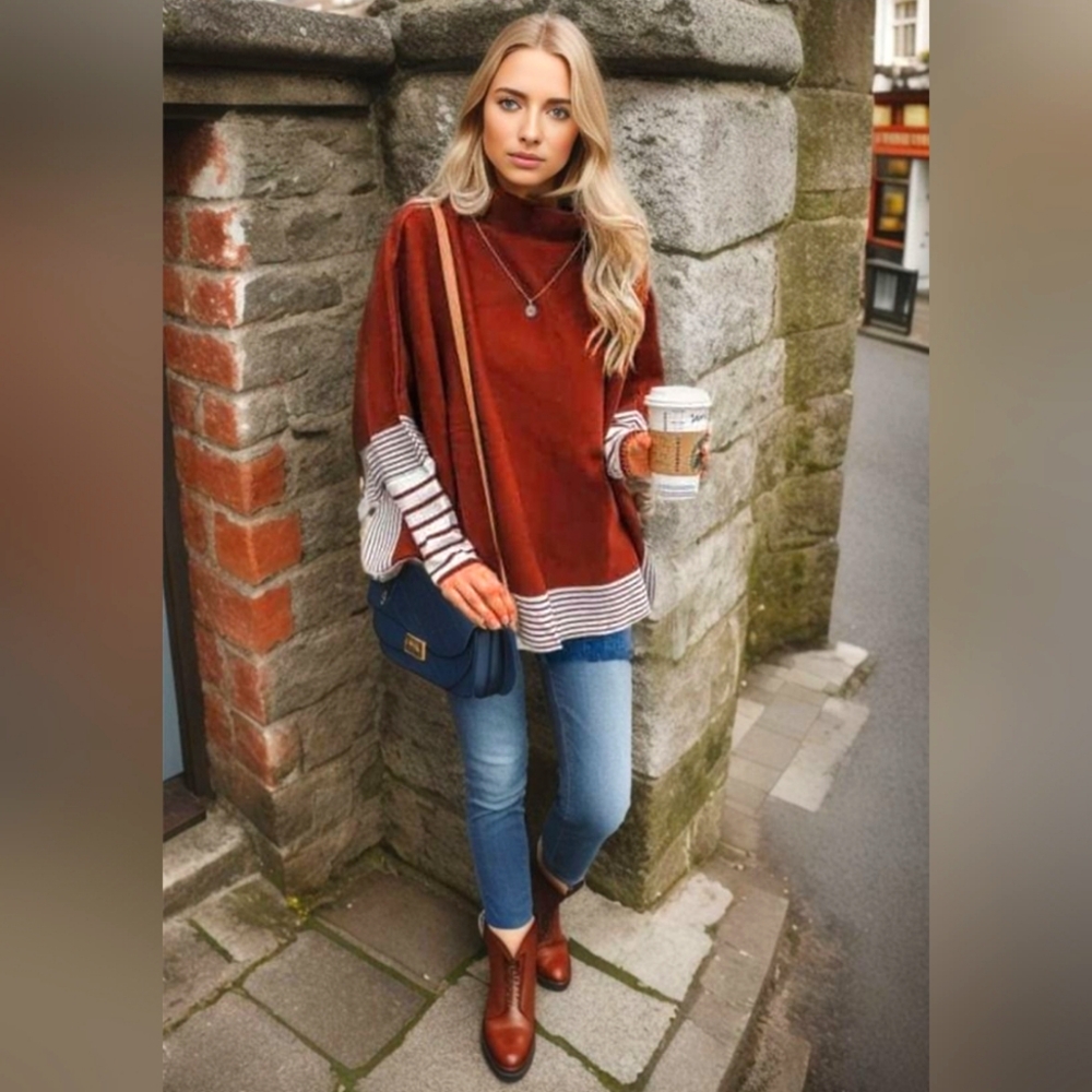 Lie in Caramel Fields Striped Oversize Knit Cape Sweater